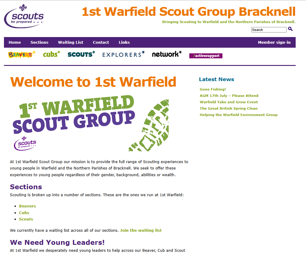 The 1st Warfield Scout Group website in 2017, with an orange heading, purple navigation and sections for Beavers, Cubs and Scouts.
