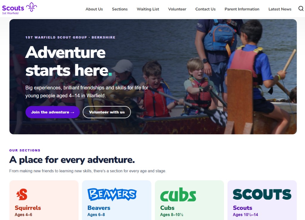 The redesigned 1st Warfield Scouts homepage